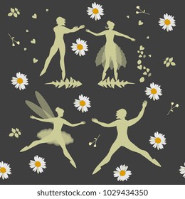 Night dance of fairies among flowers. Magic vector illustration with beautiful silhouettes and daisies on black background. Seamless pattern.