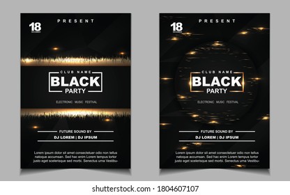 Fête de soirée couverture de la musique mise en page de la musique arrière-plan modèle avec élégante lumière noire et dorée. Image vectorielle de luxe de style électro pour la discothèque de concert, la fête de club, l'invitation pour le prospectus, l'affiche du festival