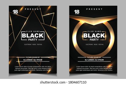 Night dance party cover music layout design template background with elegant black and gold light. Luxury electro style vector for concert disco, club party, event flyer invitation, festival poster