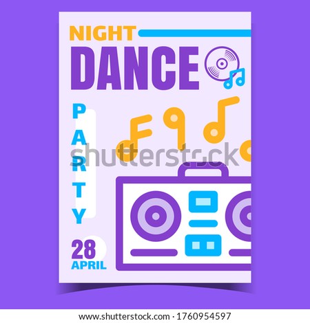 Night Dance Party Creative Promo Banner Vector. Record Player Electronic Equipment Playing Music For Dance Or Listening Musician Composition Advertising Poster. Concept Layout Style Color Illustration