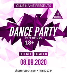 Night Dance Party design template in polygonal style. Club dance party event. DJ music poster promotional.
