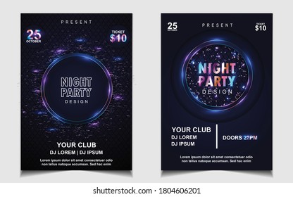 Night dance party electro and music cover design template background with elegant style neon color. Colorful light style vector for concert disco, club party, event flyer invitation, festival poster