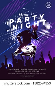 Night dance party music night with DJ poster template. Electro style concert disco club party event flyer invitation. - Vector