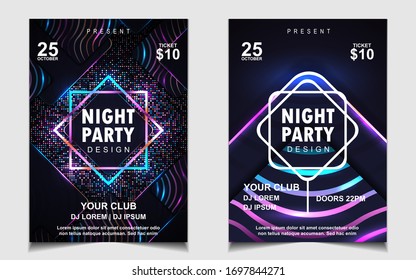 Night dance party music layout design template background with elegant style blue wavy. Colorful electro style vector for concert disco, club party, event flyer invitation, cover festival poster