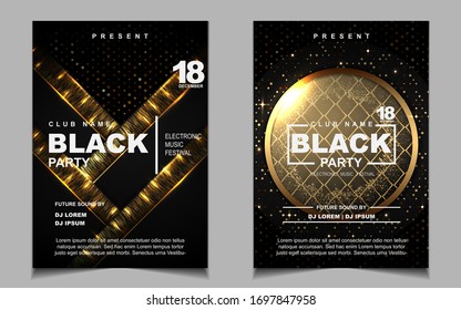 Night dance party music layout design template background with elegant black and gold style . Colorful electro style vector for concert disco, club party, event flyer invitation, cover festival poster