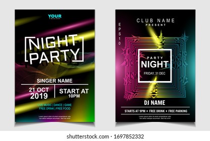 Night dance party music layout design template background with dynamic gradient style. Colorful electro style vector for concert disco, club party, event flyer invitation, cover festival poster