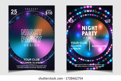 Night dance party music layout cover design template background with colorful dark blue glitters style. Light electro vector for music event concert disco, club invitation, festival poster, flyer