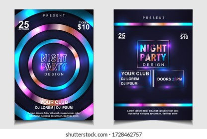 Night dance party music layout cover design template background with colorful dark blue glitters style. Light electro vector for music event concert disco, club invitation, festival poster, flyer