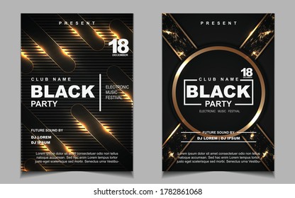 Night dance party music layout design template background with elegant black and gold style . Luxury electro style vector for concert disco, club party, event flyer invitation, cover festival poster