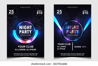 Night dance party music layout cover design template background with colorful dark blue glitters style. Light electro vector for music event concert disco, club invitation, festival poster, flyer