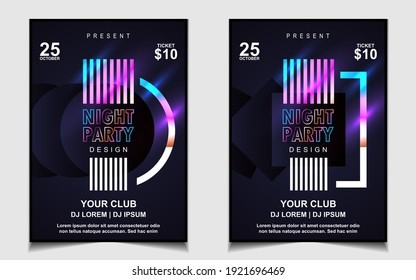 Night dance party music layout cover design template background with colorful dark blue glitters style. Light electro vector for music event concert disco, club invitation, festival poster, flyer