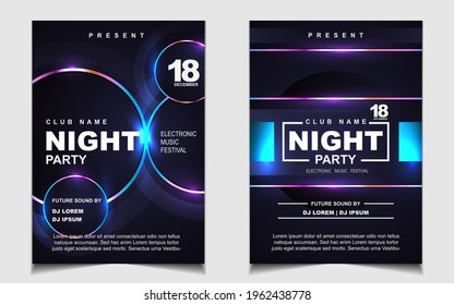 Night dance party music layout cover design template background with colorful dark blue glitters style. Light electro vector for music event concert disco, club invitation, festival poster, flyer