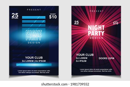 Night dance party music layout cover design template background with colorful dark blue glitters style. Light electro vector for music event concert disco, club invitation, festival poster, flyer