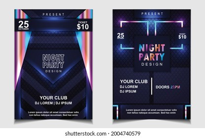 Night dance party music layout cover design template background with colorful dark blue glitters style. Light electro vector for music event concert disco, club invitation, festival poster, flyer
