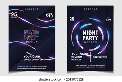 Night dance party music layout cover design template background with colorful dark blue glitters style. Light electro vector for music event concert disco, club invitation, festival poster, flyer