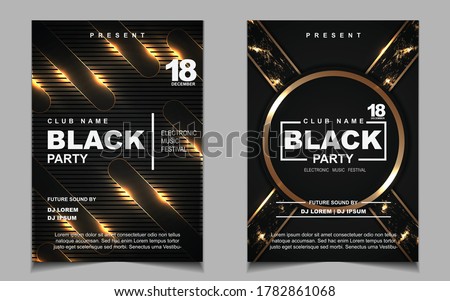 Night dance party music layout design template background with elegant black and gold style . Luxury electro style vector for concert disco, club party, event flyer invitation, cover festival poster