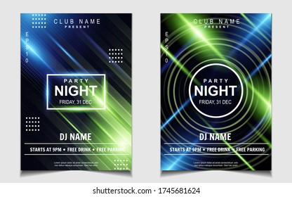 Night dance party music poster flyer layout design template background with neon light and dynamic style. Colorful electro style vector for concert disco, club party, event invitation, cover festival