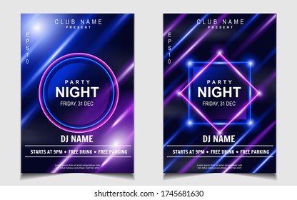 Night dance party music poster flyer layout design template background with neon light and dynamic style. Colorful electro style vector for concert disco, club party, event invitation, cover festival