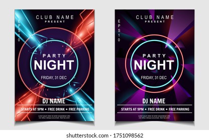 Night dance party music poster flyer layout design template background with neon light and dynamic style. Colorful electro style vector for concert disco, club party, event invitation, cover festival