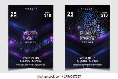 Night dance party music poster flyer layout design template background with neon light and dynamic style. Colorful electro style vector for concert disco, club party, event invitation, cover festival