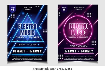 Night dance party music poster flyer layout design template background with neon light and dynamic style. Colorful electro style vector for concert disco, club party, event invitation, cover festival
