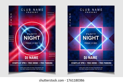 Night dance party music poster flyer layout design template background with neon light and dynamic style. Colorful electro style vector for concert disco, club party, event invitation, cover festival