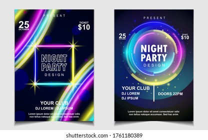 Night dance party music poster flyer layout design template background with neon light and dynamic style. Colorful electro style vector for concert disco, club party, event invitation, cover festival