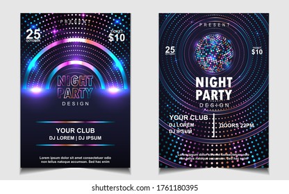 Night dance party music poster flyer layout design template background with neon light and dynamic style. Colorful electro style vector for concert disco, club party, event invitation, cover festival