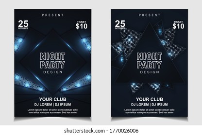 Night dance party music poster flyer layout design template background with neon light and dynamic style. Navy blue electro style vector for concert disco, club party, event invitation, cover festival