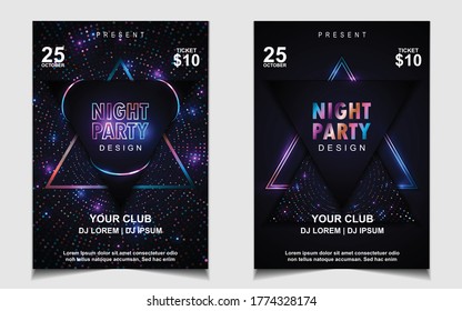 Night dance party music poster flyer layout design template background with neon light and dynamic style. Colorful electro style vector for concert disco, club party, event invitation, cover festival