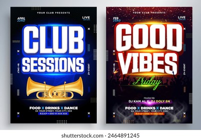 Night dance party music night poster template. Electro style concert disco club party event flyer. Party Flyer Design Template with Glowing Neon Light on Fluorescent Tropic Leaves Background.