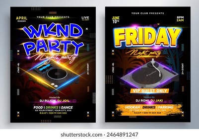 Night dance party music night poster template. Electro style concert disco club party event flyer. Party Flyer Design Template with Glowing Neon Light on Fluorescent Tropic Leaves Background.