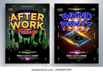 Night dance party music night poster template. Electro style concert disco club party event flyer. Party Flyer Design Template with Glowing Neon Light on Fluorescent Tropic Leaves Background.