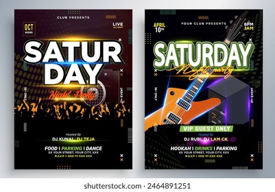 Night dance party music night poster template. Electro style concert disco club party event flyer. Party Flyer Design Template with Glowing Neon Light on Fluorescent Tropic Leaves Background.