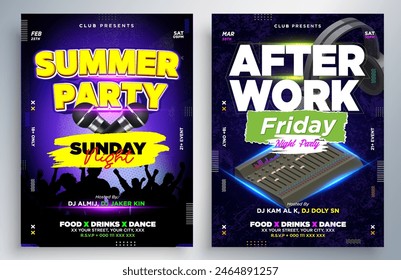 Night dance party music night poster template. Electro style concert disco club party event flyer. Party Flyer Design Template with Glowing Neon Light on Fluorescent Tropic Leaves Background.