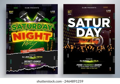 Night dance party music night poster template. Electro style concert disco club party event flyer. Party Flyer Design Template with Glowing Neon Light on Fluorescent Tropic Leaves Background.