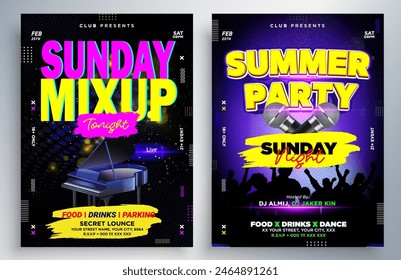 Night dance party music night poster template. Electro style concert disco club party event flyer. Party Flyer Design Template with Glowing Neon Light on Fluorescent Tropic Leaves Background.