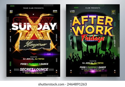 Night dance party music night poster template. Electro style concert disco club party event flyer. Party Flyer Design Template with Glowing Neon Light on Fluorescent Tropic Leaves Background.