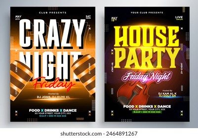 Night dance party music night poster template. Electro style concert disco club party event flyer. Party Flyer Design Template with Glowing Neon Light on Fluorescent Tropic Leaves Background.