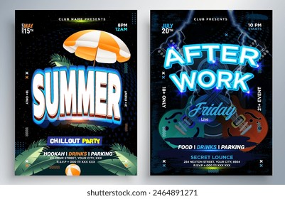 Night dance party music night poster template. Electro style concert disco club party event flyer. Party Flyer Design Template with Glowing Neon Light on Fluorescent Tropic Leaves Background.