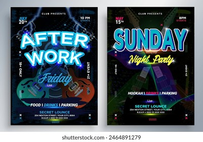 Night dance party music night poster template. Electro style concert disco club party event flyer. Party Flyer Design Template with Glowing Neon Light on Fluorescent Tropic Leaves Background.