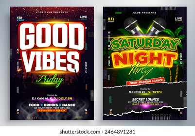 Night dance party music night poster template. Electro style concert disco club party event flyer. Party Flyer Design Template with Glowing Neon Light on Fluorescent Tropic Leaves Background.