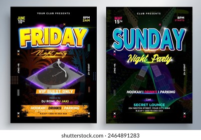 Night dance party music night poster template. Electro style concert disco club party event flyer. Party Flyer Design Template with Glowing Neon Light on Fluorescent Tropic Leaves Background.