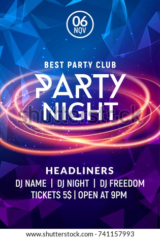 Night dance party music night poster template. Electro style concert disco club party event flyer invitation.