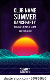 Night dance party poster vector background. 80s retro style Music event flyer. 80s retro background