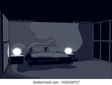 night dark bedroom with light and window