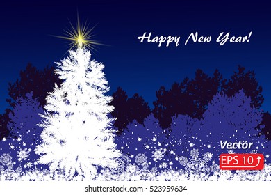 Night dark blue background greeting card with a Christmas white fir tree,yellow star, snowflake  on winter landscape fir forest vector illustration