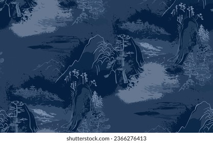 night dark blue landscape nountain japanese chinese traditional vector illustration card background seamless pattern colorful watercolor ink textured