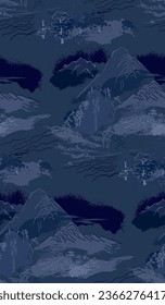 night dark blue landscape nountain japanese chinese traditional vector illustration card background seamless pattern colorful watercolor ink textured