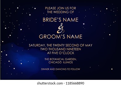 Night dark blue sky with sparkling stars vector wedding invitation. Gold glitter powder splash background. Golden scattered dust. Midnight milky way. Fairytale magic card.